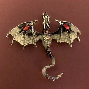 New 3D Enamel & Rhinestone Dragon Brooch Pin Pendant 2.75"x2.5" Black Red Silver